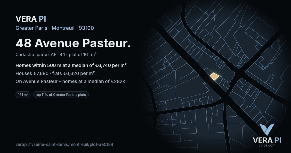 48 Avenue Pasteur, Montreuil at night – the plot lit, the parcels around coloured by the prices near them