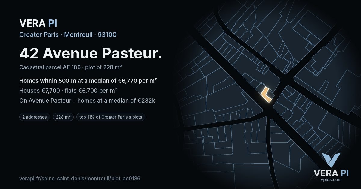 42 Avenue Pasteur, Montreuil at night – the plot lit, the parcels around coloured by the prices near them