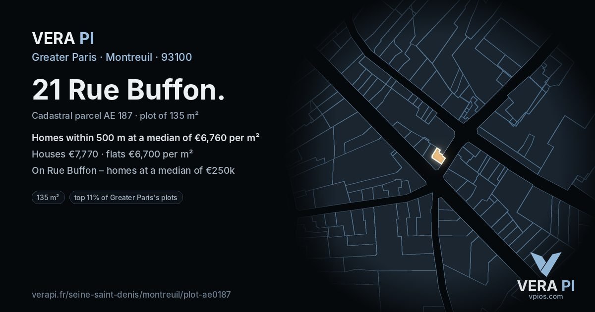 21 Rue Buffon, Montreuil at night – the plot lit, the parcels around coloured by the prices near them