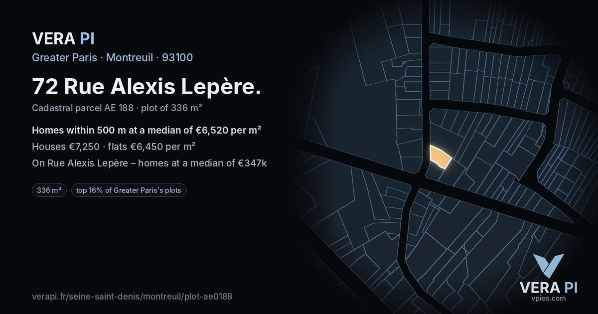 72 Rue Alexis Lepère, Montreuil at night – the plot lit, the parcels around coloured by the prices near them