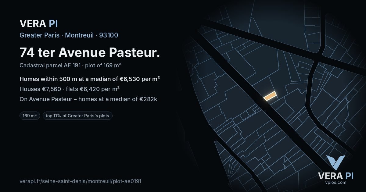74 ter Avenue Pasteur, Montreuil at night – the plot lit, the parcels around coloured by the prices near them