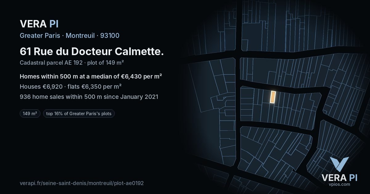 61 Rue du Docteur Calmette, Montreuil at night – the plot lit, the parcels around coloured by the prices near them