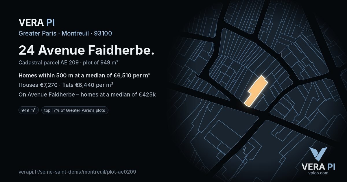 24 Avenue Faidherbe, Montreuil at night – the plot lit, the parcels around coloured by the prices near them