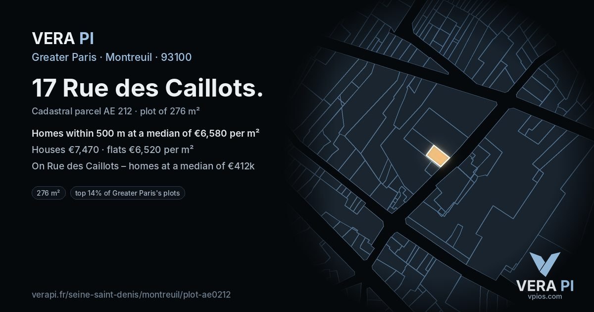 17 Rue des Caillots, Montreuil at night – the plot lit, the parcels around coloured by the prices near them