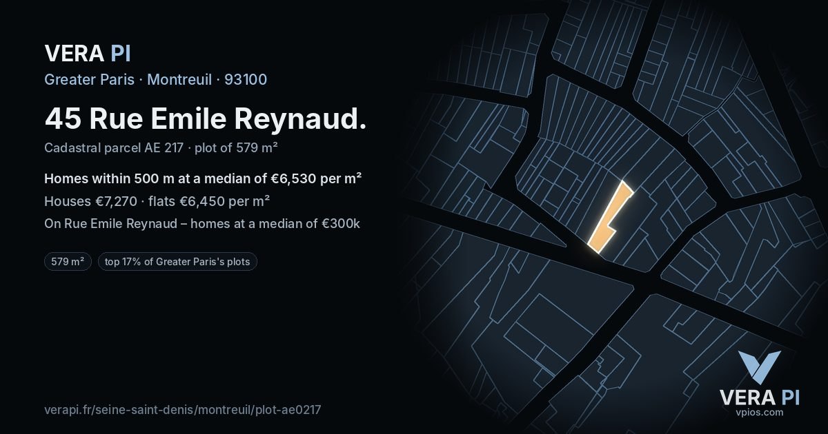 45 Rue Emile Reynaud, Montreuil at night – the plot lit, the parcels around coloured by the prices near them