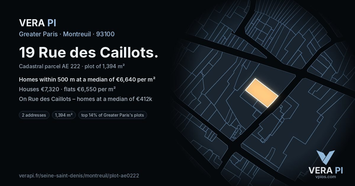19 Rue des Caillots, Montreuil at night – the plot lit, the parcels around coloured by the prices near them