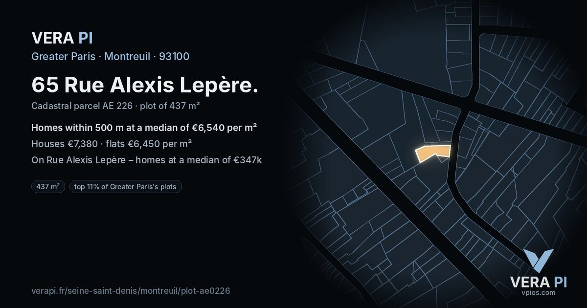 65 Rue Alexis Lepère, Montreuil at night – the plot lit, the parcels around coloured by the prices near them