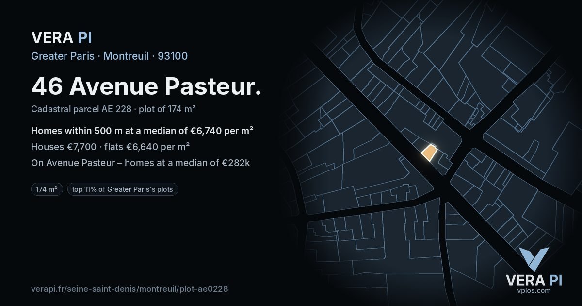 46 Avenue Pasteur, Montreuil at night – the plot lit, the parcels around coloured by the prices near them