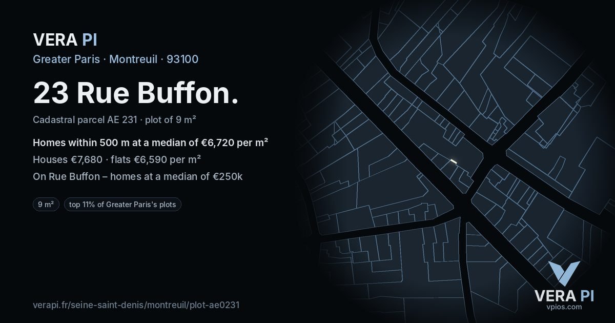 23 Rue Buffon, Montreuil at night – the plot lit, the parcels around coloured by the prices near them