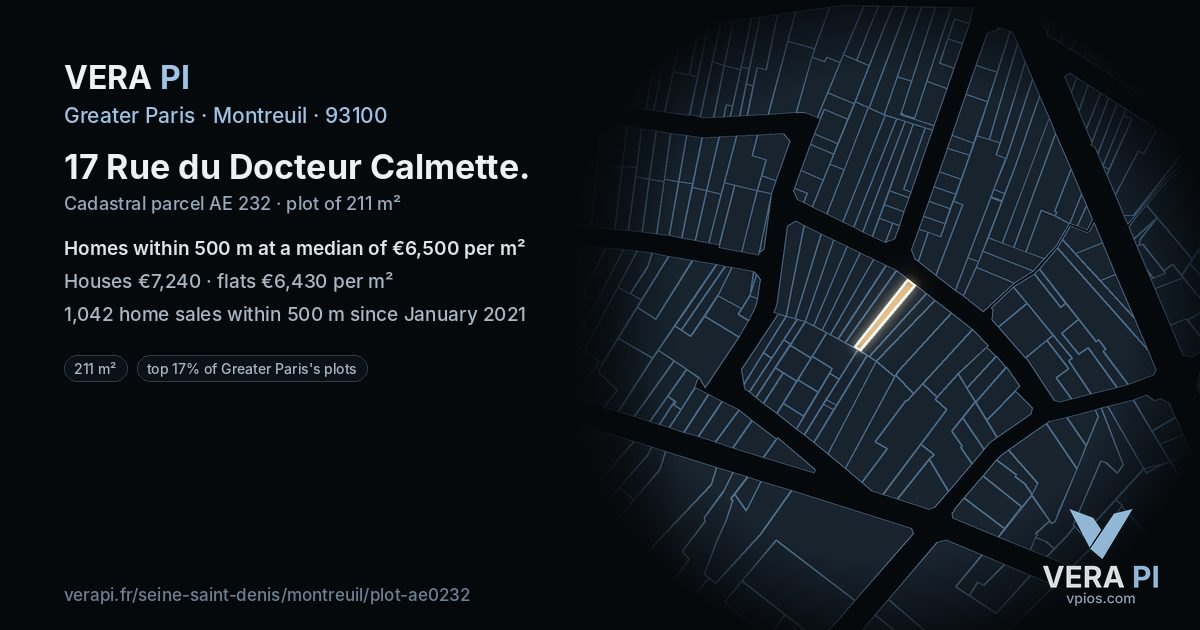 17 Rue du Docteur Calmette, Montreuil at night – the plot lit, the parcels around coloured by the prices near them