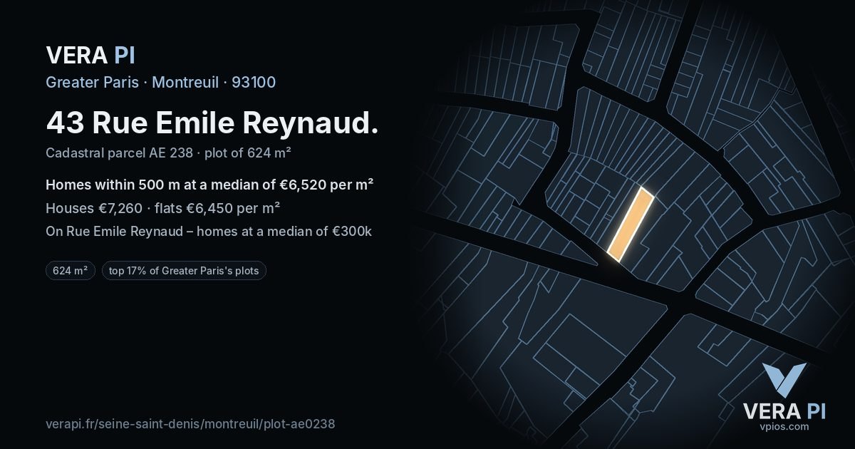 43 Rue Emile Reynaud, Montreuil at night – the plot lit, the parcels around coloured by the prices near them