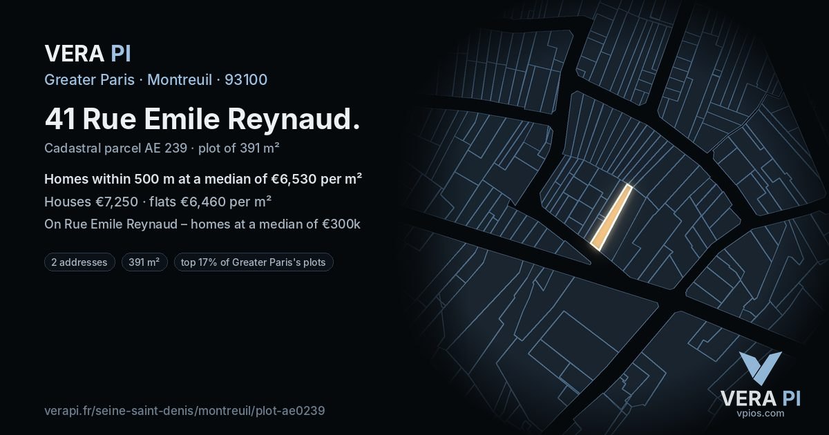 41 Rue Emile Reynaud, Montreuil at night – the plot lit, the parcels around coloured by the prices near them