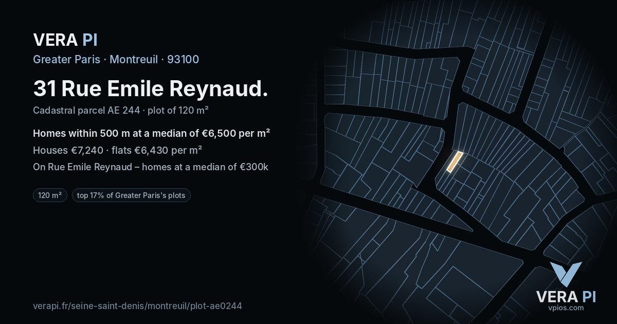 31 Rue Emile Reynaud, Montreuil at night – the plot lit, the parcels around coloured by the prices near them