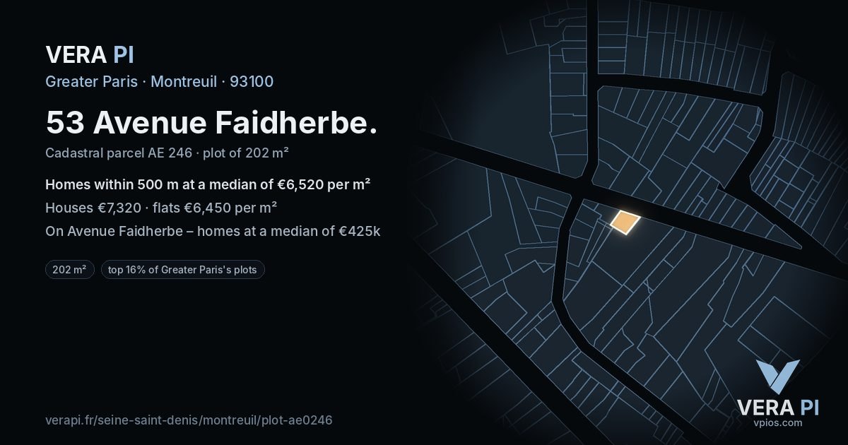53 Avenue Faidherbe, Montreuil at night – the plot lit, the parcels around coloured by the prices near them