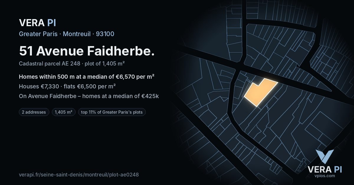 51 Avenue Faidherbe, Montreuil at night – the plot lit, the parcels around coloured by the prices near them