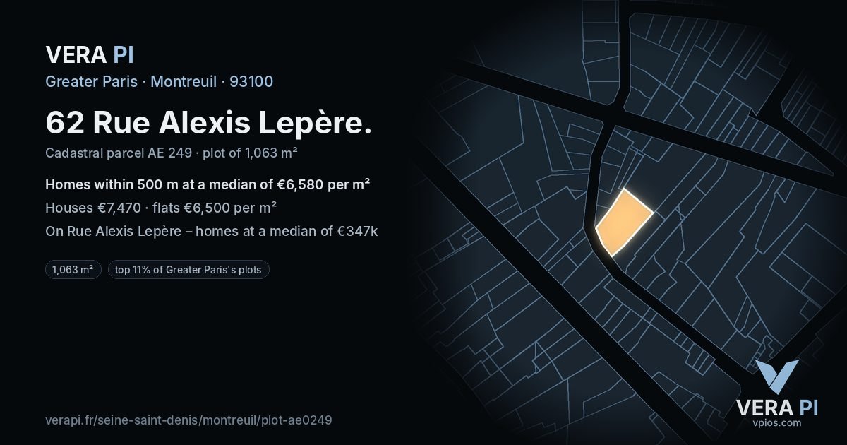 62 Rue Alexis Lepère, Montreuil at night – the plot lit, the parcels around coloured by the prices near them