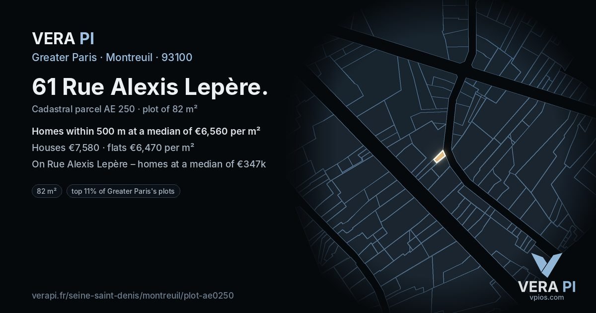 61 Rue Alexis Lepère, Montreuil at night – the plot lit, the parcels around coloured by the prices near them