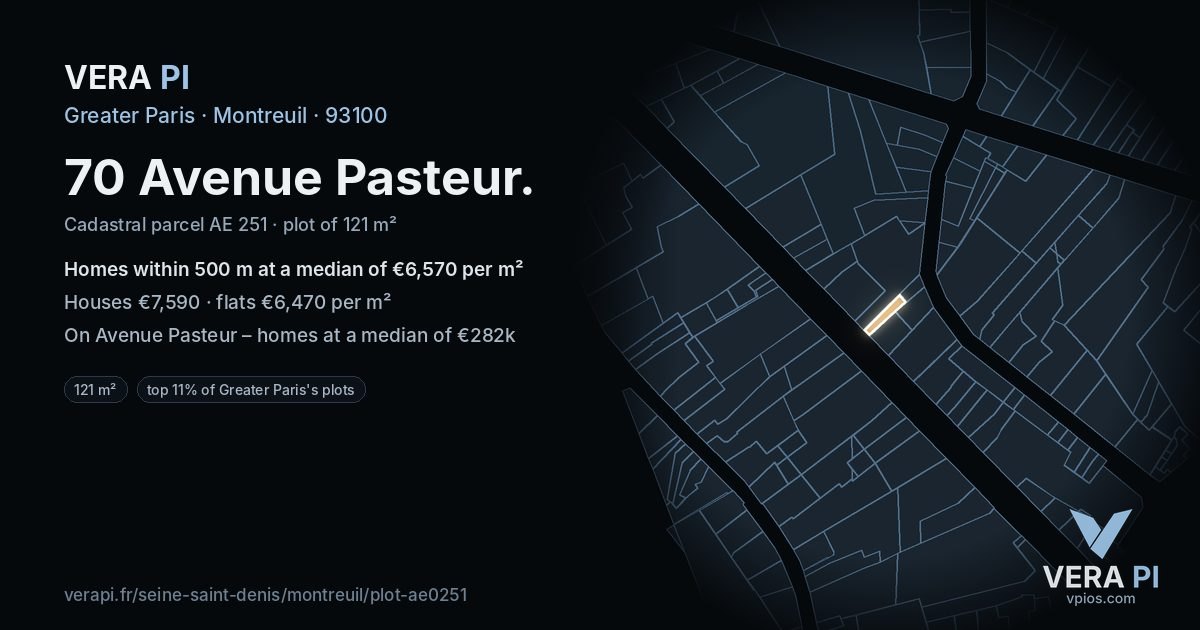 70 Avenue Pasteur, Montreuil at night – the plot lit, the parcels around coloured by the prices near them