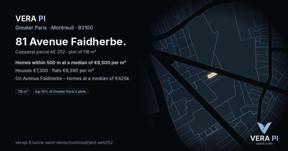 81 Avenue Faidherbe, Montreuil at night – the plot lit, the parcels around coloured by the prices near them