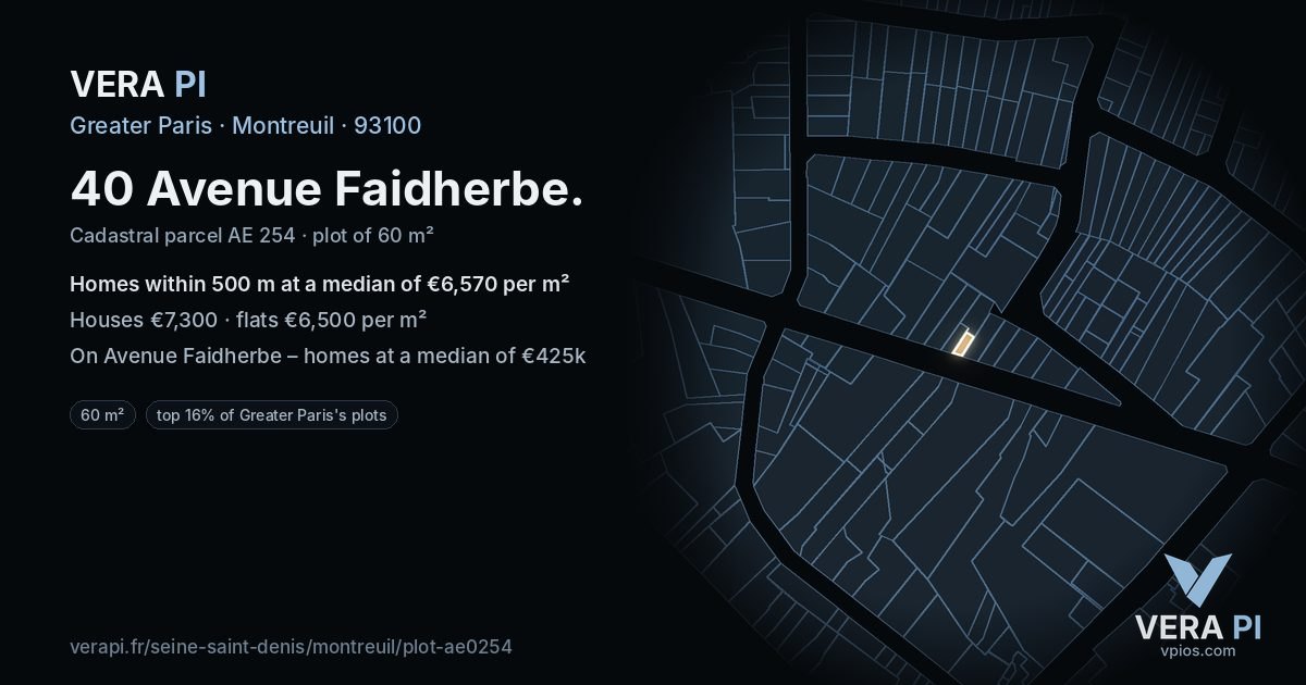 40 Avenue Faidherbe, Montreuil at night – the plot lit, the parcels around coloured by the prices near them