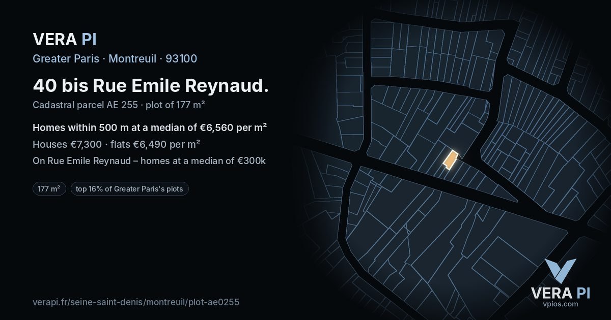 40 bis Rue Emile Reynaud, Montreuil at night – the plot lit, the parcels around coloured by the prices near them