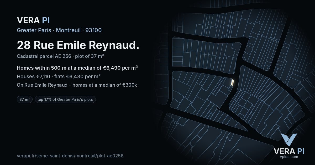 28 Rue Emile Reynaud, Montreuil at night – the plot lit, the parcels around coloured by the prices near them