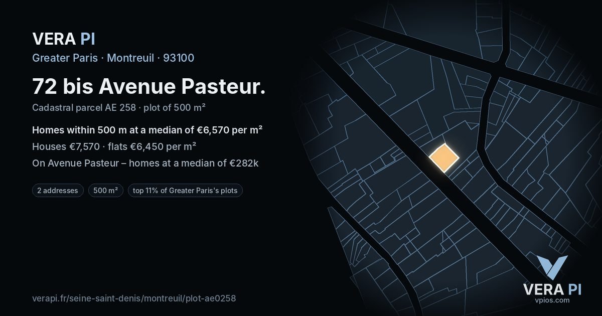 72 bis Avenue Pasteur, Montreuil at night – the plot lit, the parcels around coloured by the prices near them