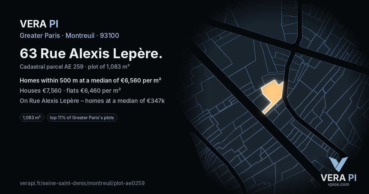 63 Rue Alexis Lepère, Montreuil at night – the plot lit, the parcels around coloured by the prices near them