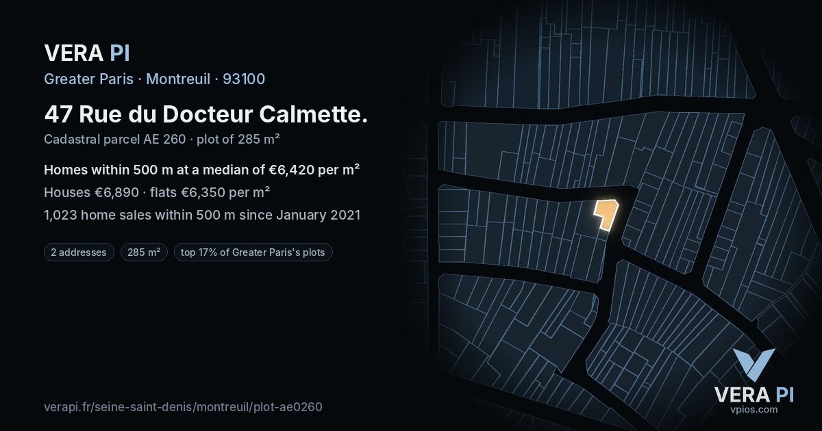 47 Rue du Docteur Calmette, Montreuil at night – the plot lit, the parcels around coloured by the prices near them
