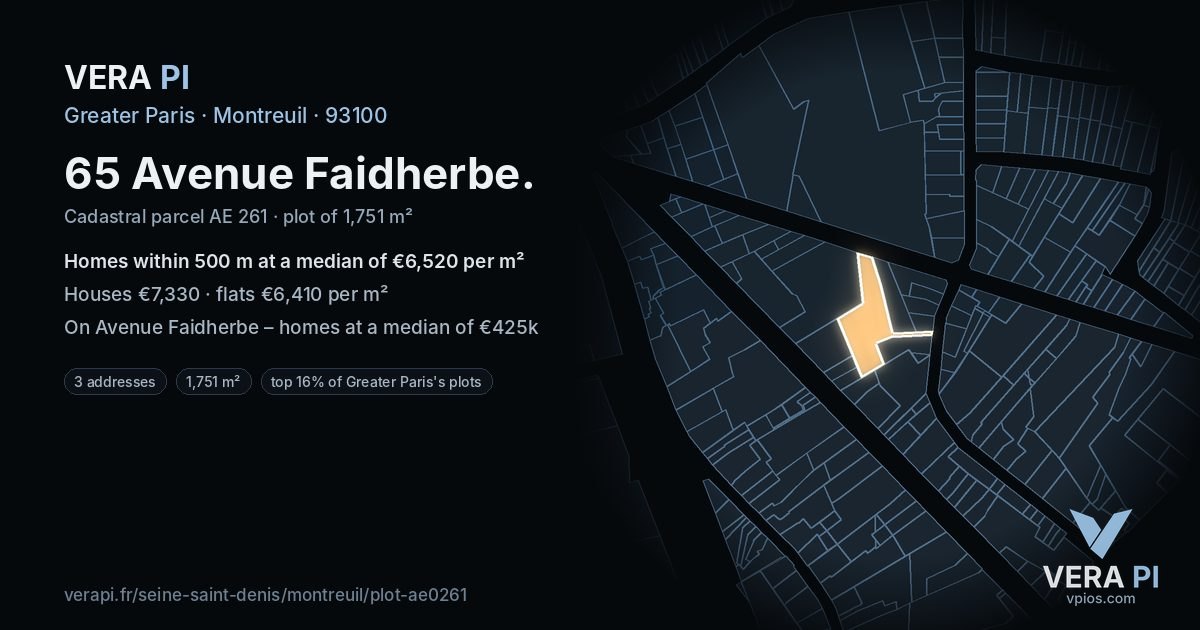 65 Avenue Faidherbe, Montreuil at night – the plot lit, the parcels around coloured by the prices near them