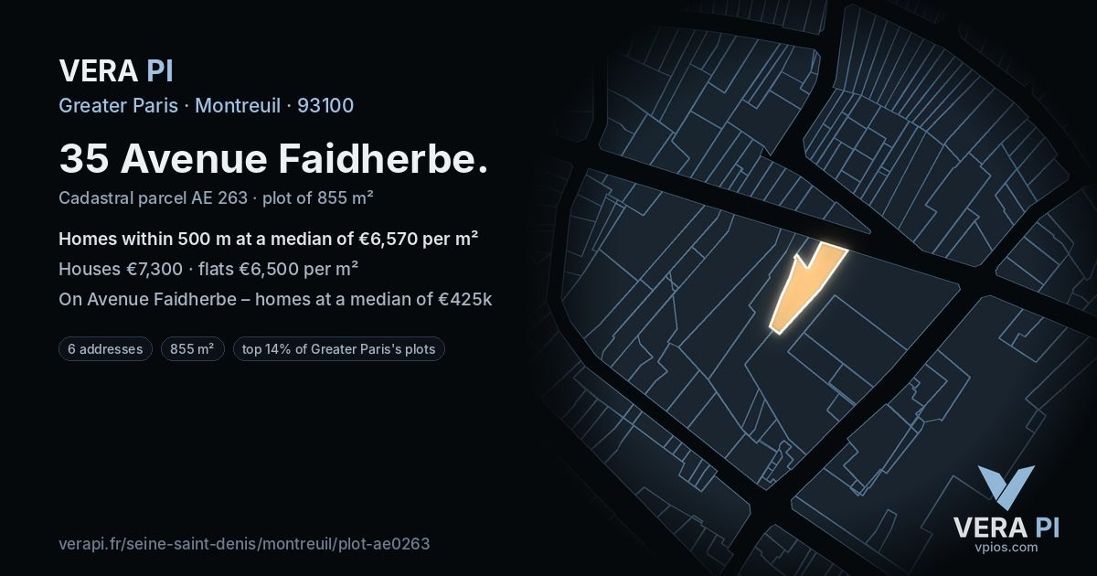 35 Avenue Faidherbe, Montreuil at night – the plot lit, the parcels around coloured by the prices near them