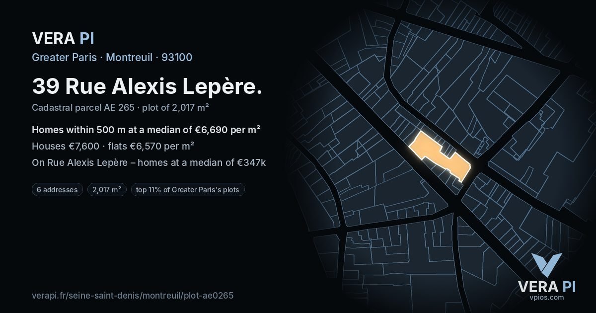 39 Rue Alexis Lepère, Montreuil at night – the plot lit, the parcels around coloured by the prices near them