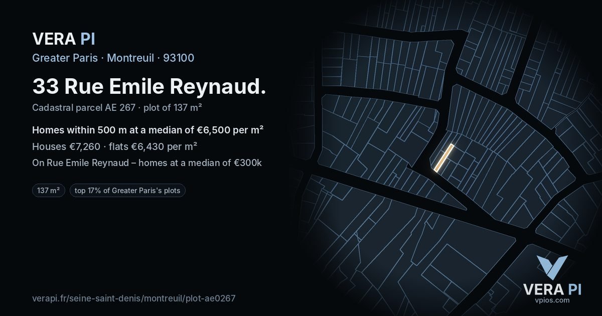 33 Rue Emile Reynaud, Montreuil at night – the plot lit, the parcels around coloured by the prices near them