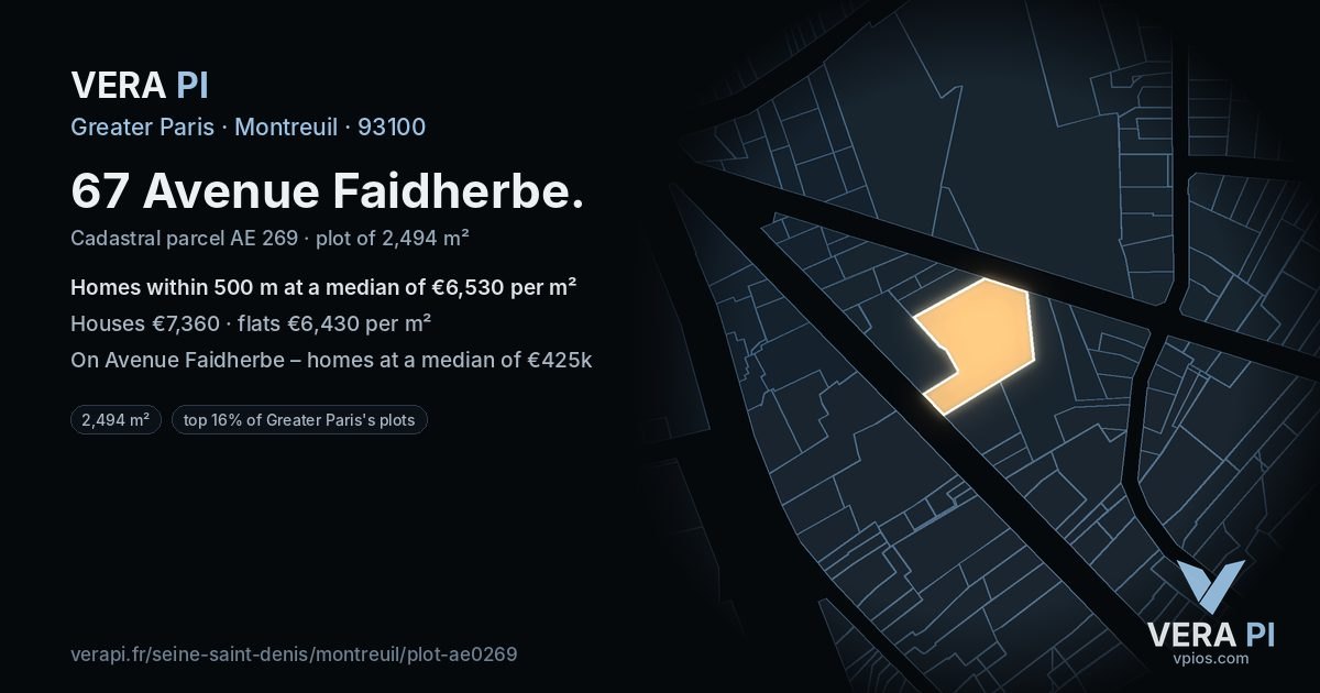 67 Avenue Faidherbe, Montreuil at night – the plot lit, the parcels around coloured by the prices near them