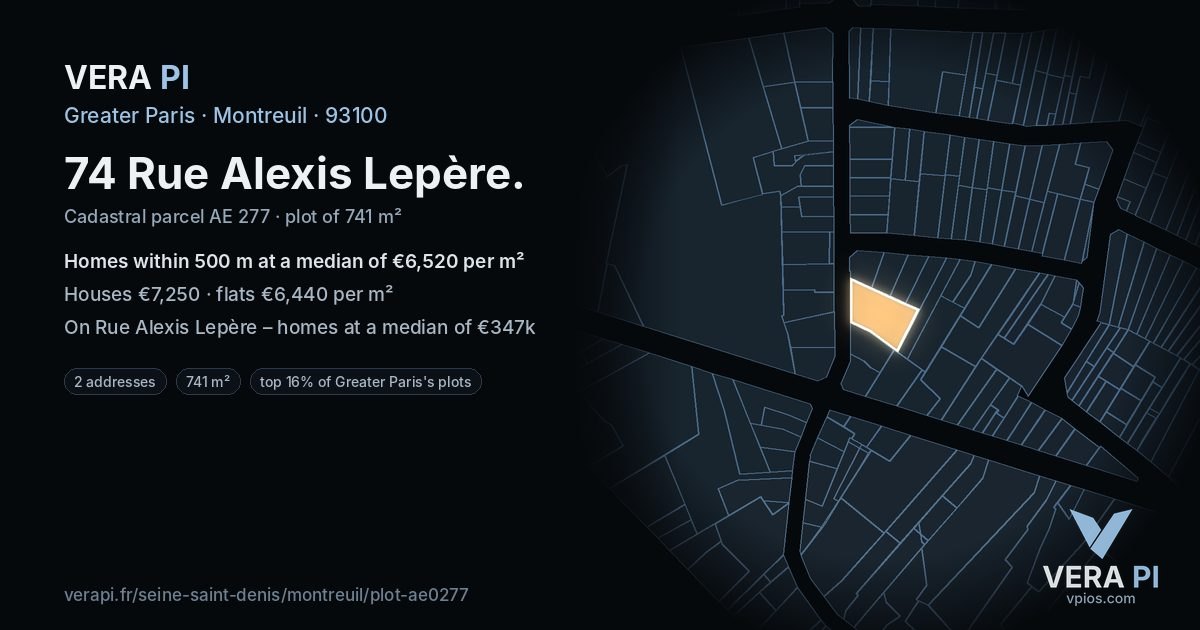 74 Rue Alexis Lepère, Montreuil at night – the plot lit, the parcels around coloured by the prices near them