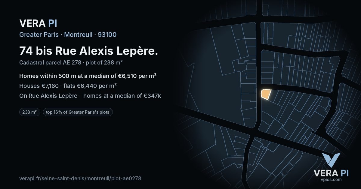 74 bis Rue Alexis Lepère, Montreuil at night – the plot lit, the parcels around coloured by the prices near them