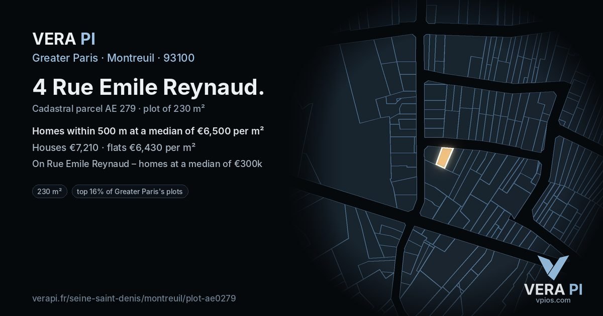 4 Rue Emile Reynaud, Montreuil at night – the plot lit, the parcels around coloured by the prices near them