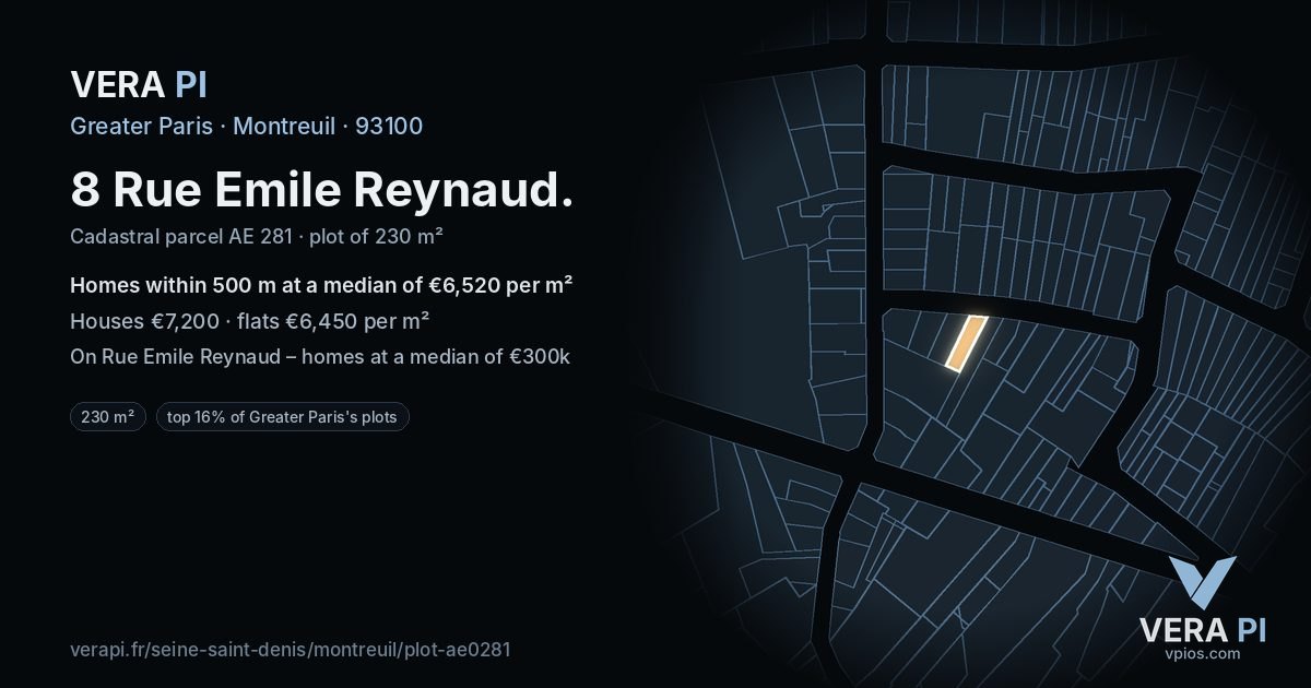 8 Rue Emile Reynaud, Montreuil at night – the plot lit, the parcels around coloured by the prices near them