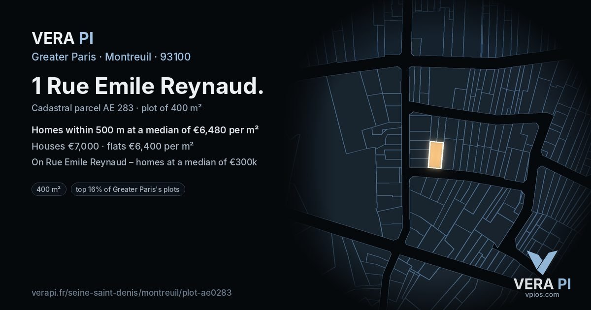 1 Rue Emile Reynaud, Montreuil at night – the plot lit, the parcels around coloured by the prices near them