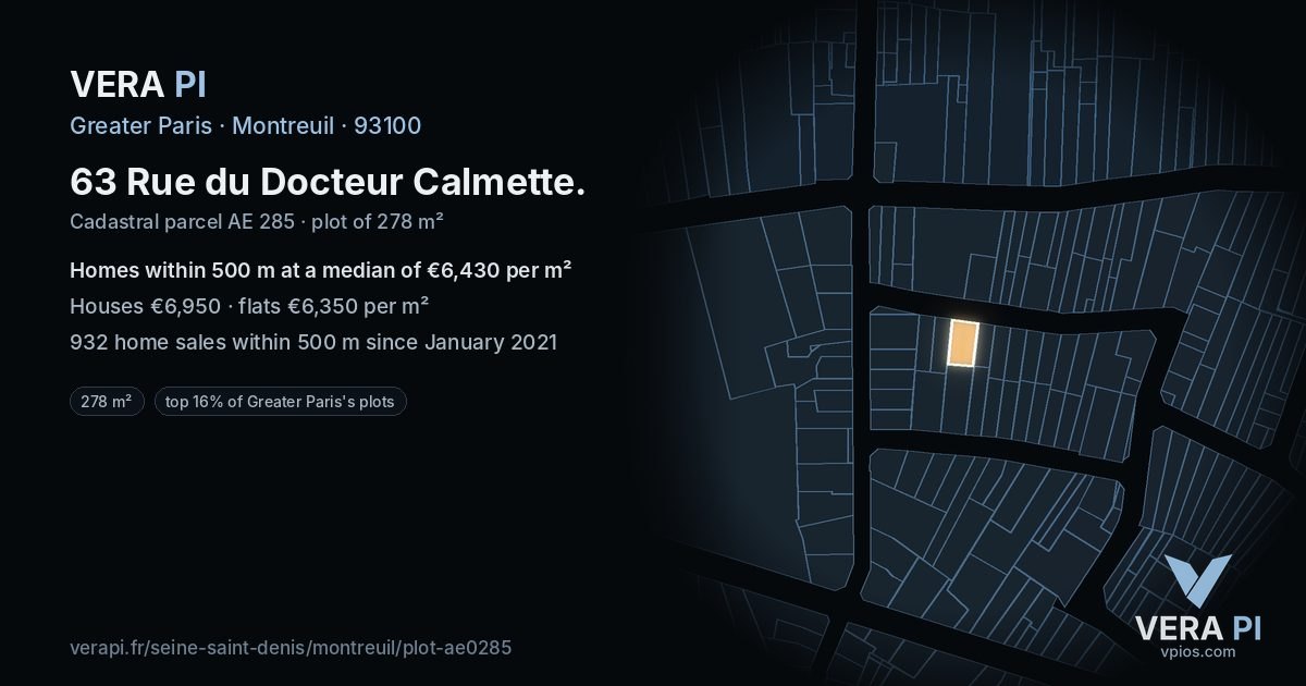 63 Rue du Docteur Calmette, Montreuil at night – the plot lit, the parcels around coloured by the prices near them