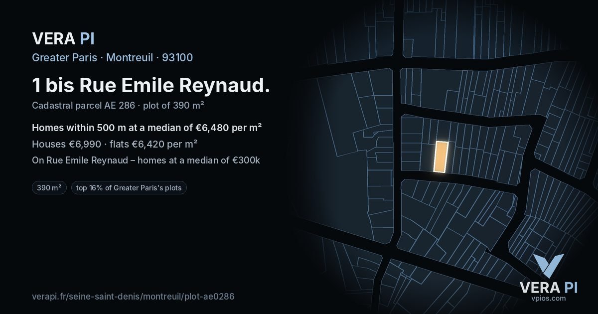 1 bis Rue Emile Reynaud, Montreuil at night – the plot lit, the parcels around coloured by the prices near them