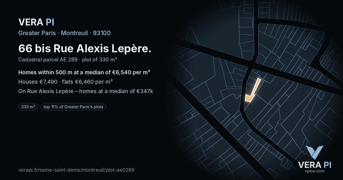 66 bis Rue Alexis Lepère, Montreuil at night – the plot lit, the parcels around coloured by the prices near them