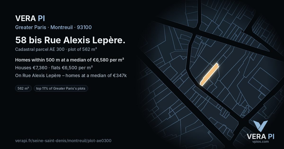 58 bis Rue Alexis Lepère, Montreuil at night – the plot lit, the parcels around coloured by the prices near them
