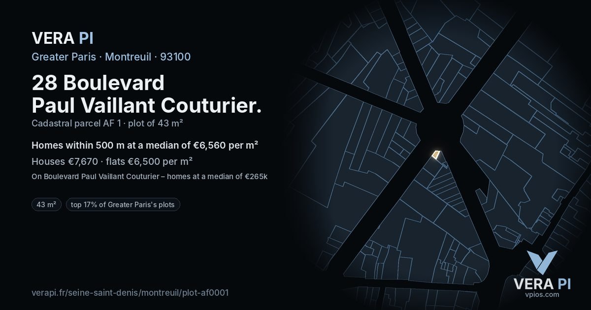 28 Boulevard Paul Vaillant Couturier, Montreuil at night – the plot lit, the parcels around coloured by the prices near them
