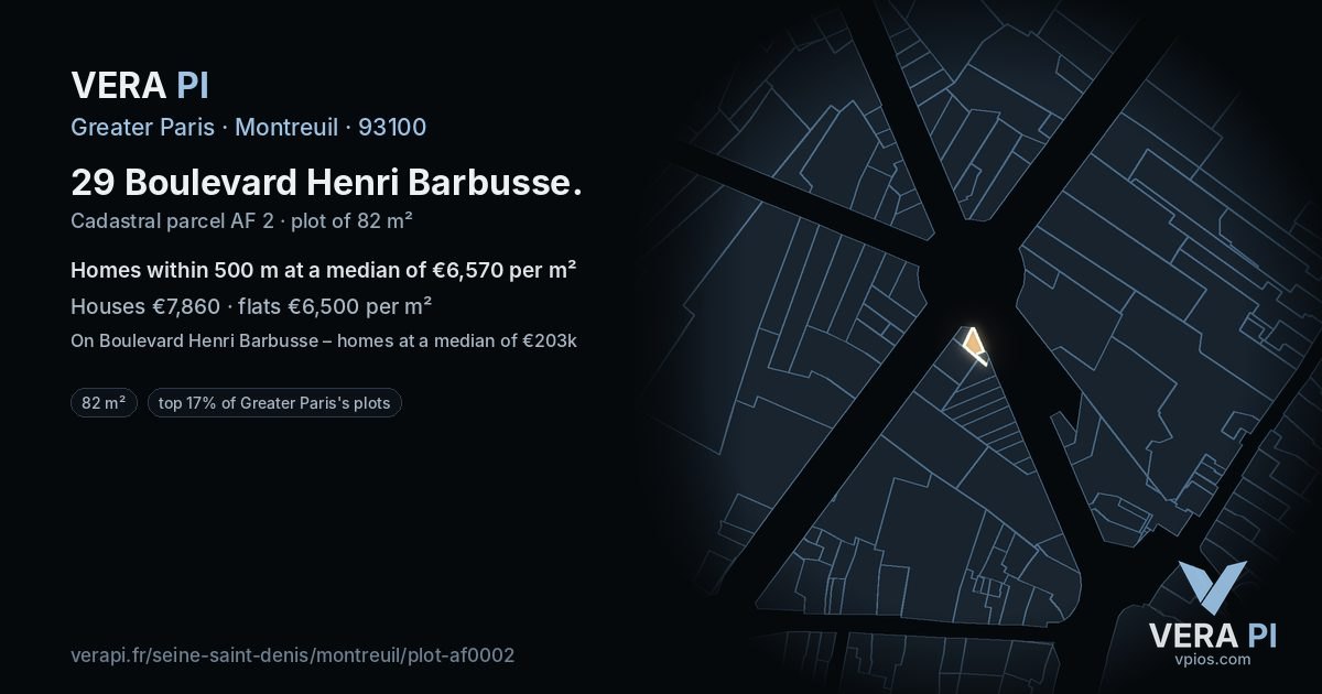 29 Boulevard Henri Barbusse, Montreuil at night – the plot lit, the parcels around coloured by the prices near them