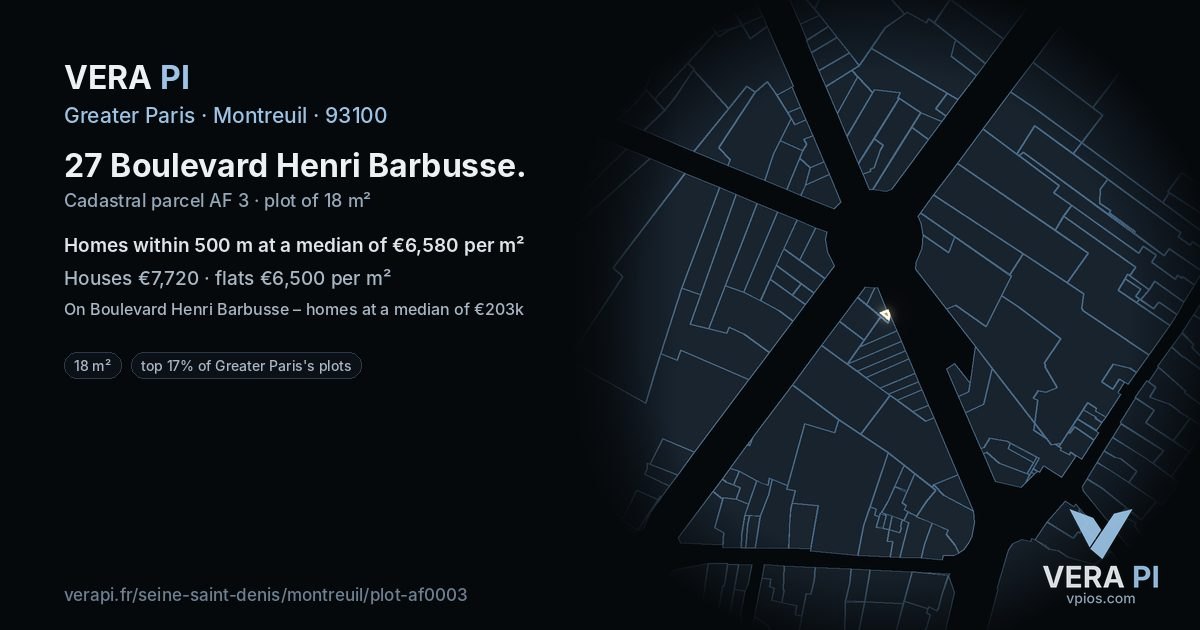 27 Boulevard Henri Barbusse, Montreuil at night – the plot lit, the parcels around coloured by the prices near them