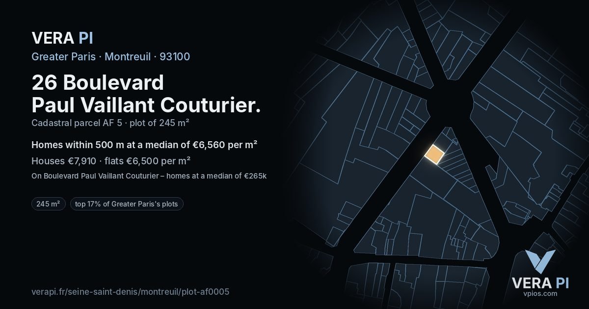 26 Boulevard Paul Vaillant Couturier, Montreuil at night – the plot lit, the parcels around coloured by the prices near them