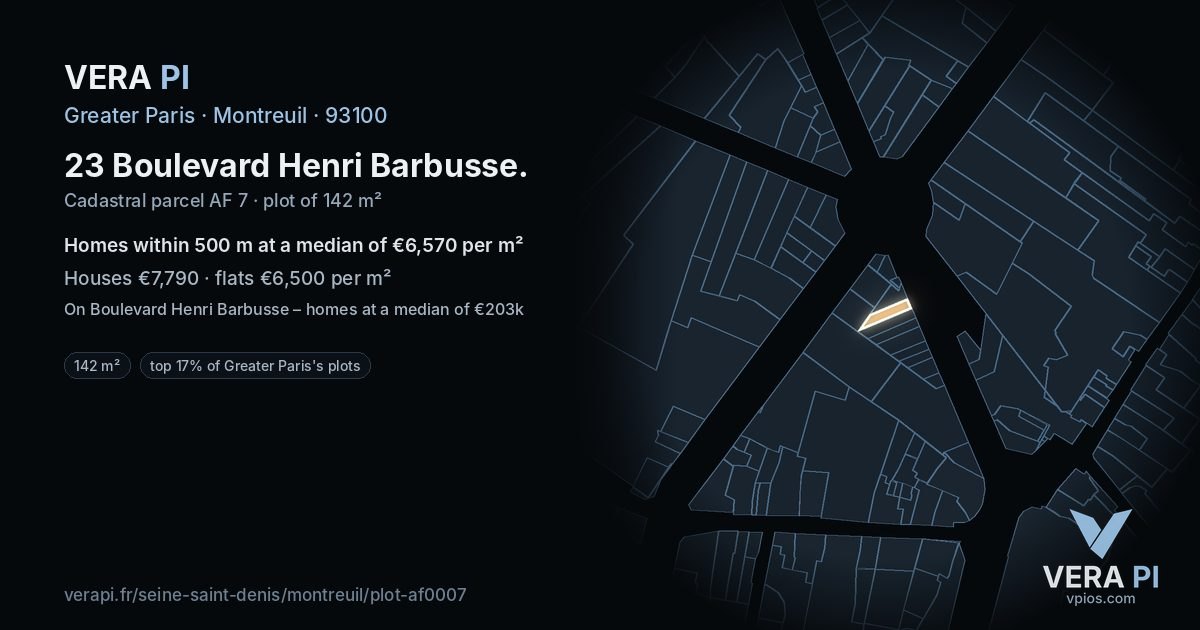 23 Boulevard Henri Barbusse, Montreuil at night – the plot lit, the parcels around coloured by the prices near them