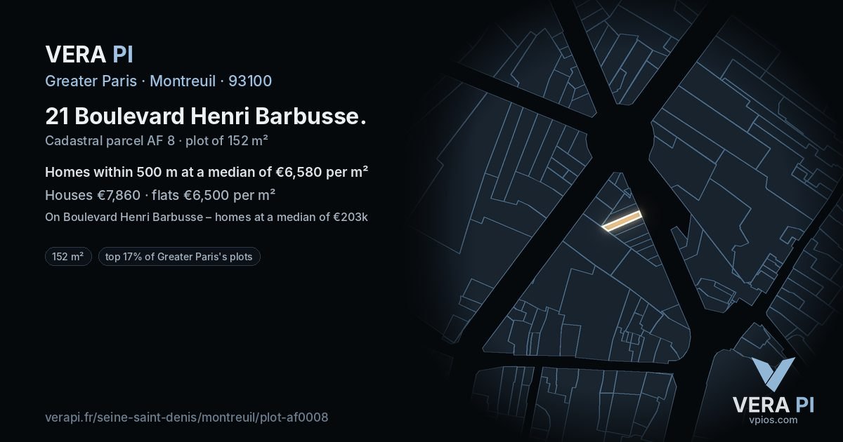 21 Boulevard Henri Barbusse, Montreuil at night – the plot lit, the parcels around coloured by the prices near them
