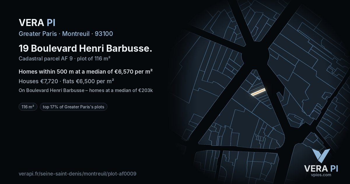 19 Boulevard Henri Barbusse, Montreuil at night – the plot lit, the parcels around coloured by the prices near them